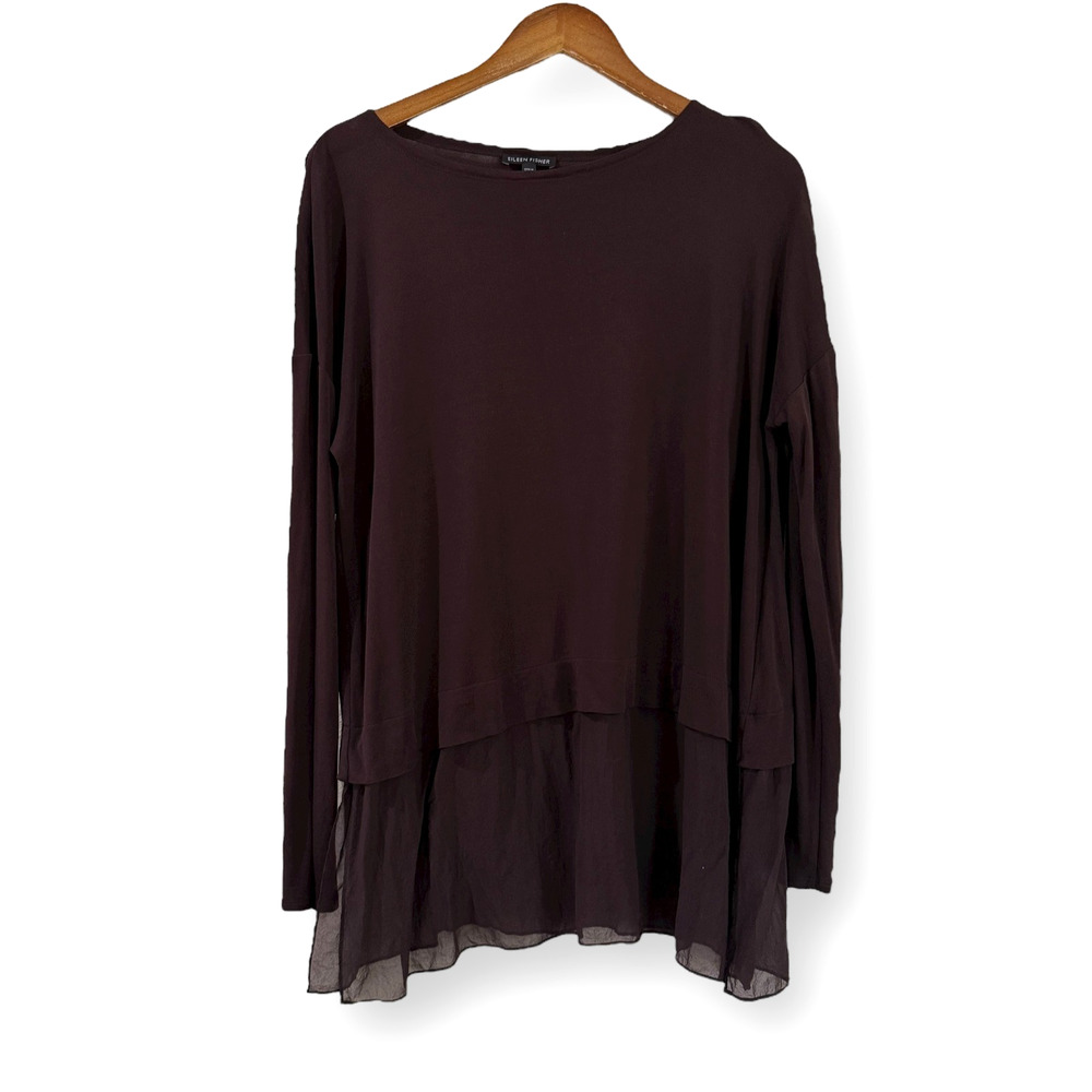 Eileen Fisher Brown Silk Tunic Top S Stretch Layered Long Sleeve Minimalist